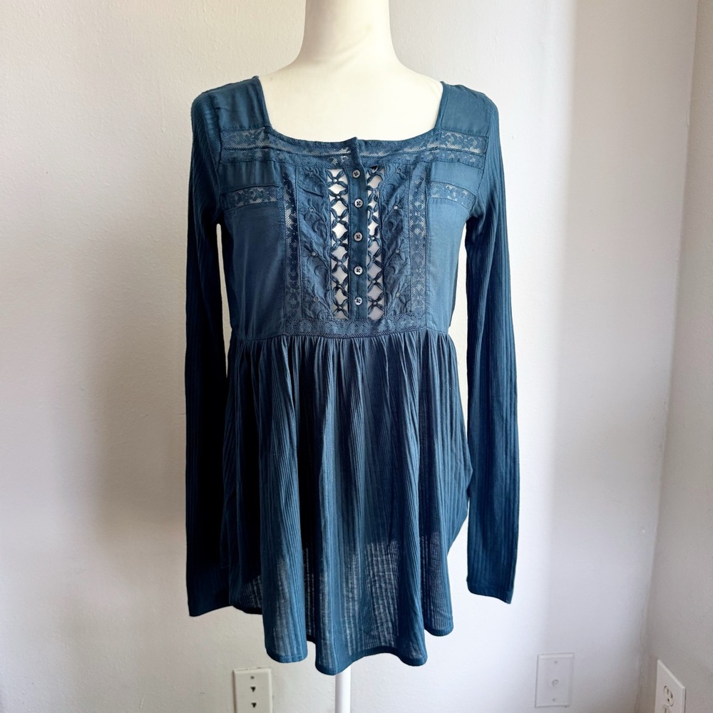 Free People Pretty Please Lace Front Ribbed Babydoll Top